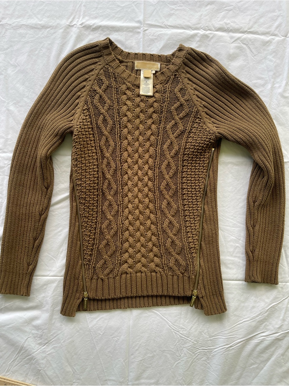 MICHAEL Michael Kors Brown Cable-Knit Scoop Neck Sweater with Side Zips